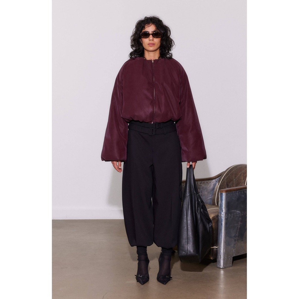 Anthropologie Saemdi Fig Faux Leather Bomber Jacket Balloon Sleeve Burgundy XS
